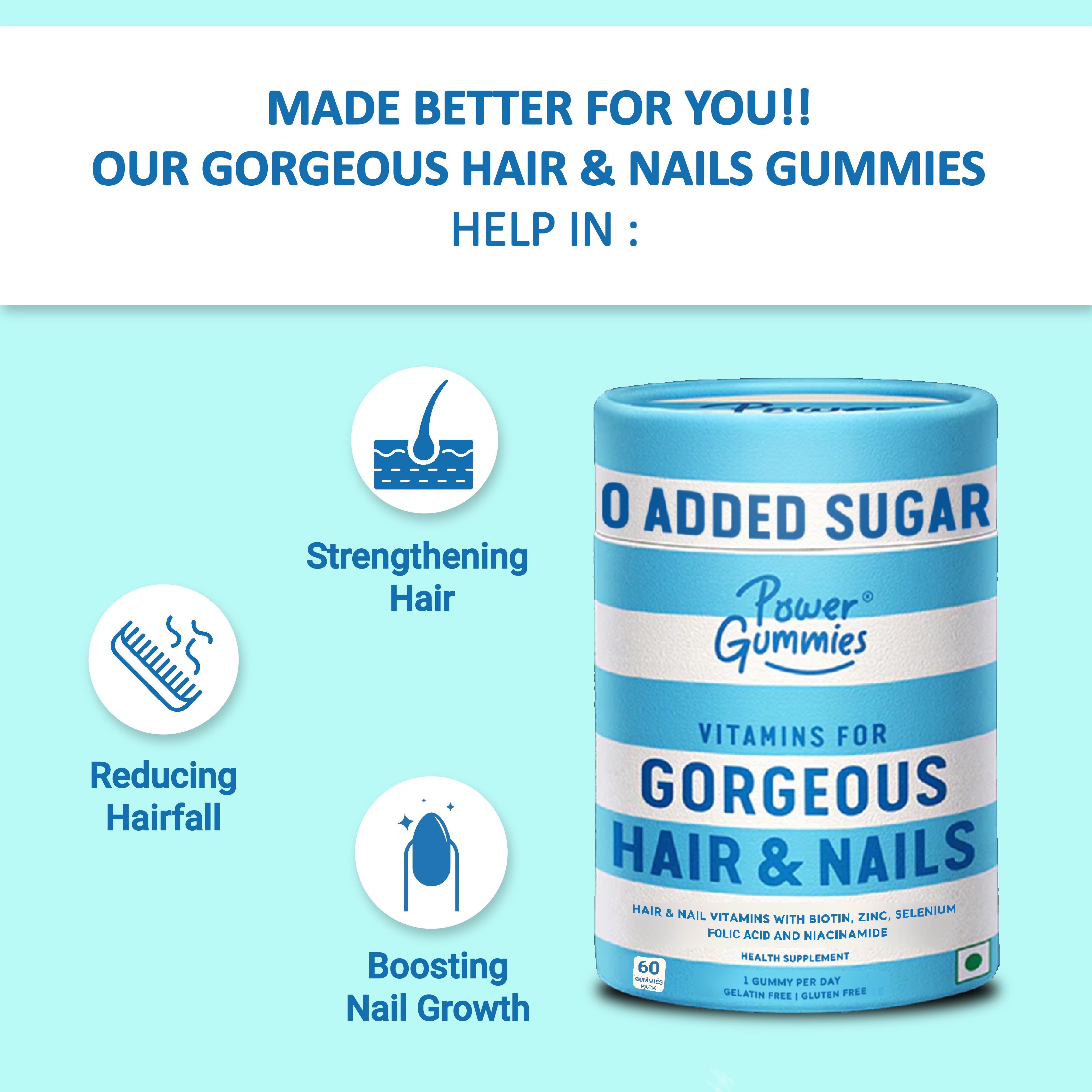 Power Gummies Gorgeous Hair and Nails Gummies– Now with 0 Added Sugar & New Heart Shape (2 Months Pack) (Copy) - Power Gummies 